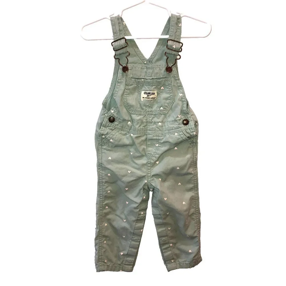 OshKosh Bgosh Kid Toddler 18M Vestbak Mint Green Hearts Bib Overalls Snap Crotch